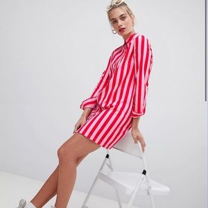 ASOS DAISY STREET Pink & red stripe oversized mini shirt dress